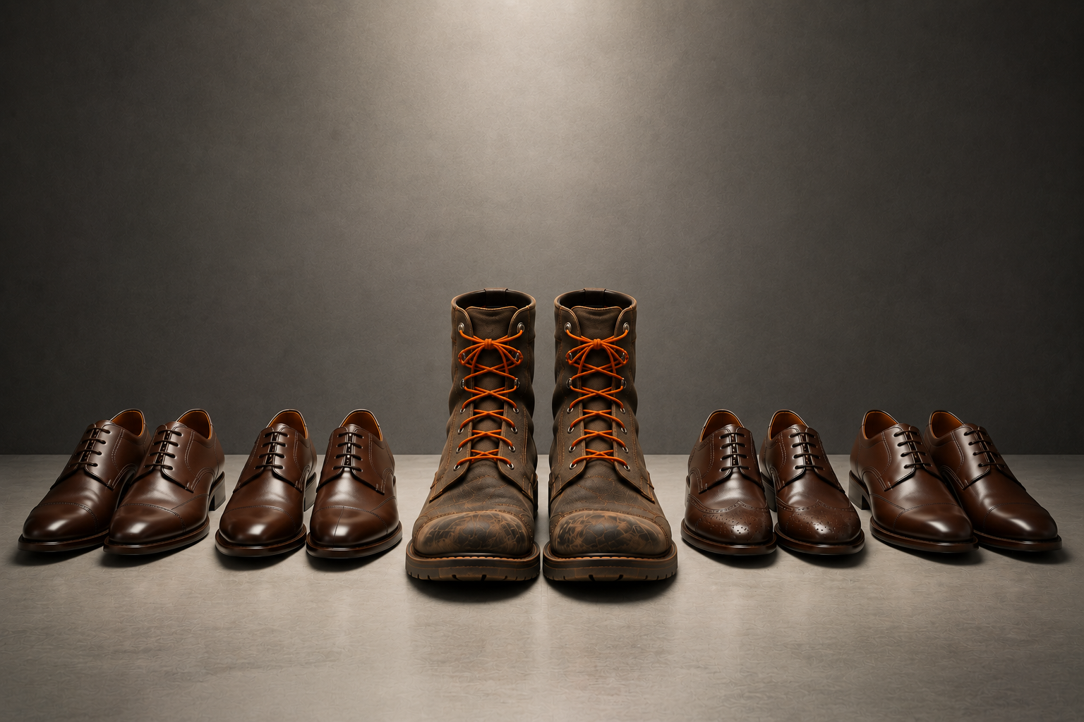 Brown leather dress shoes lined up in a row with a pair of work boots in the middle